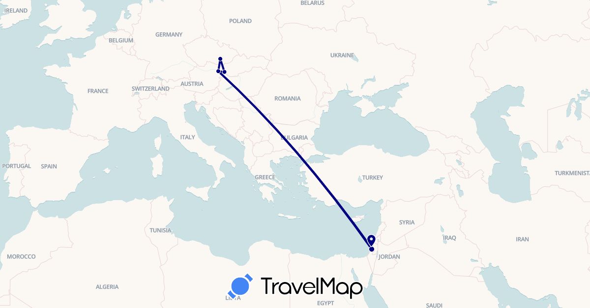 TravelMap itinerary: driving in Austria, Czech Republic, Israel, Slovakia (Asia, Europe)